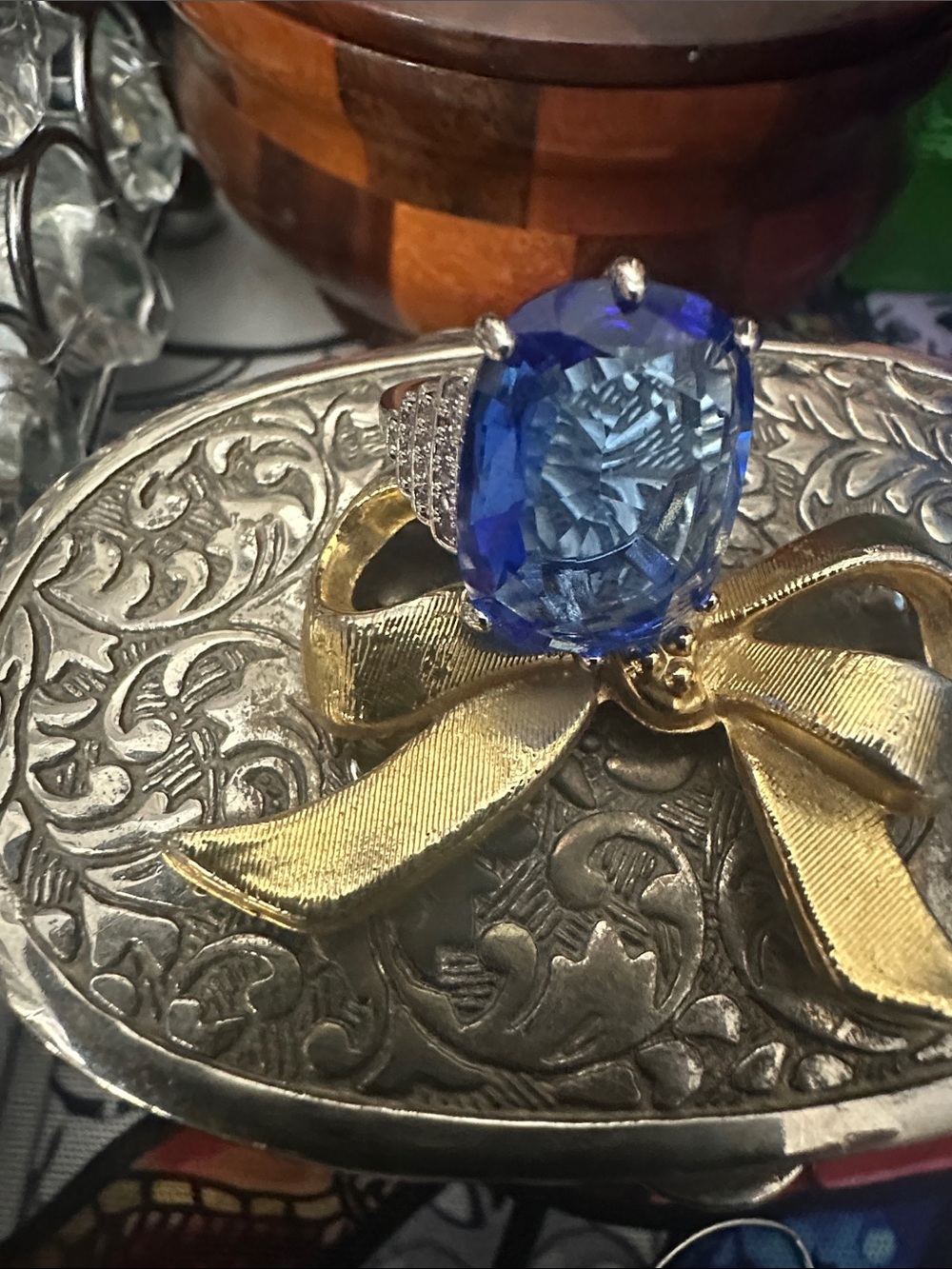 Blue Cushion-Cut Gemstone Ring with Pavé Accents